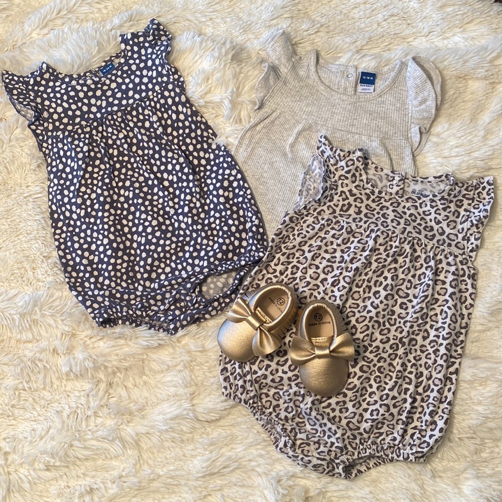 18-24 Month Old Navy Romper Onesies and Gold Moccasins Size 12 Infant